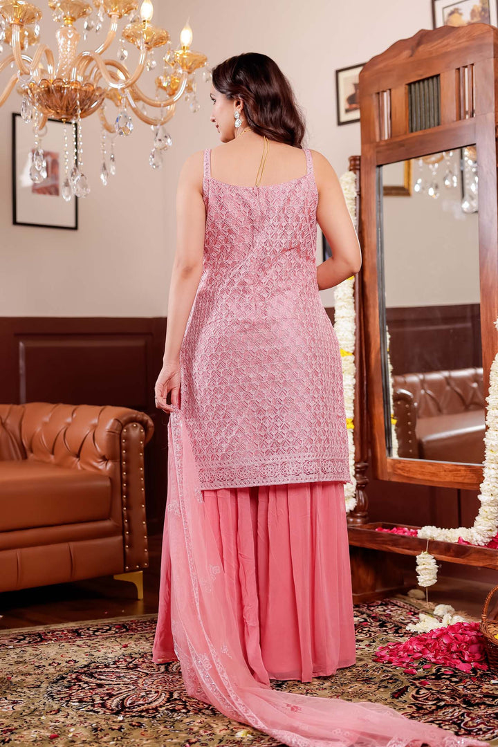 Pink Net Embroidered All Over Sharar Suit