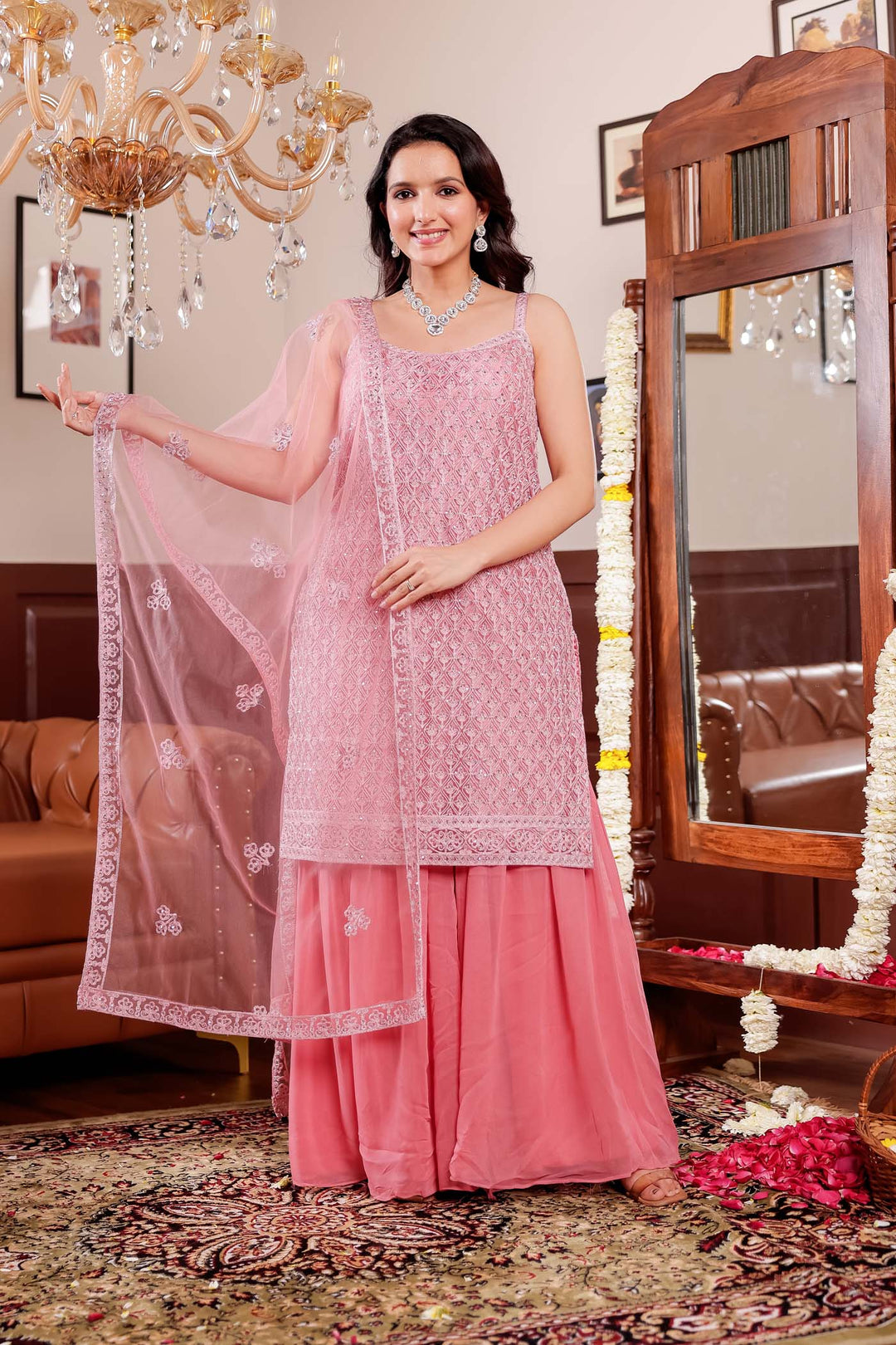 Pink Net Embroidered All Over Sharar Suit