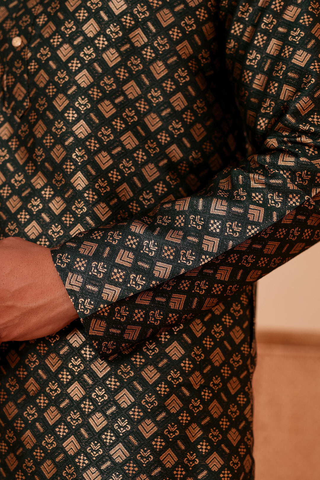 Green Brocade Silk Kurta Suit with Gold Zari Weave.