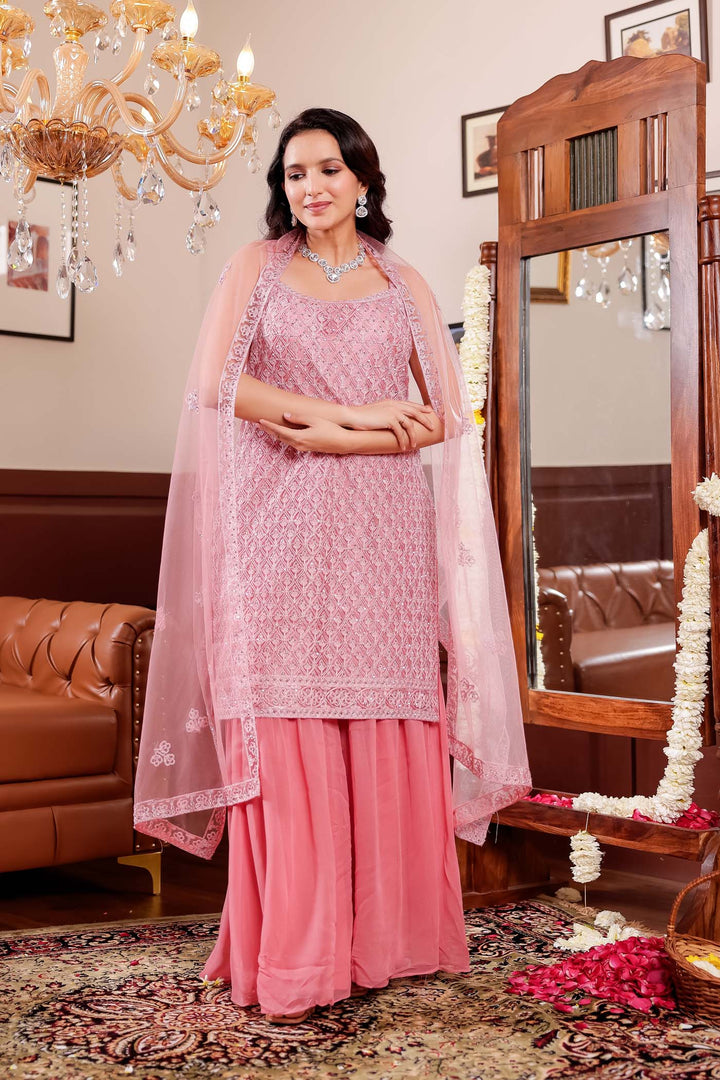 Pink Net Embroidered All Over Sharar Suit