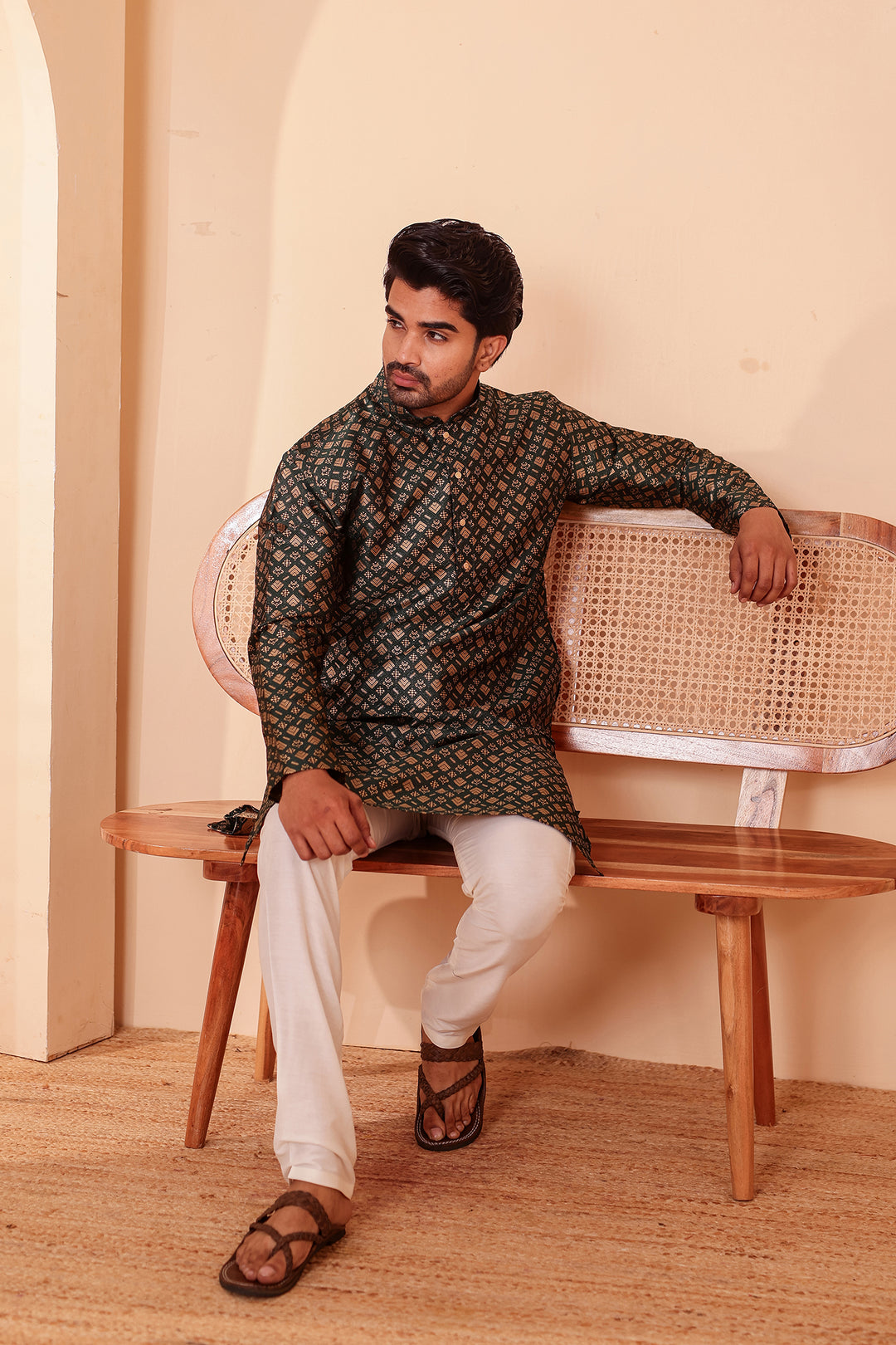 Green Brocade Silk Kurta Suit with Gold Zari Weave.