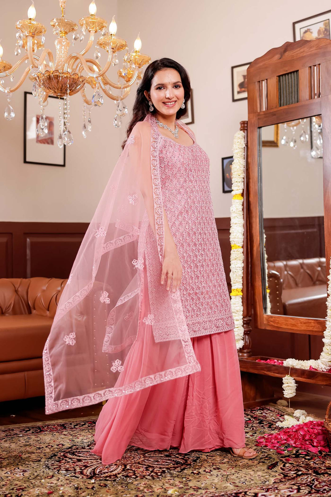 Pink Net Embroidered All Over Sharar Suit