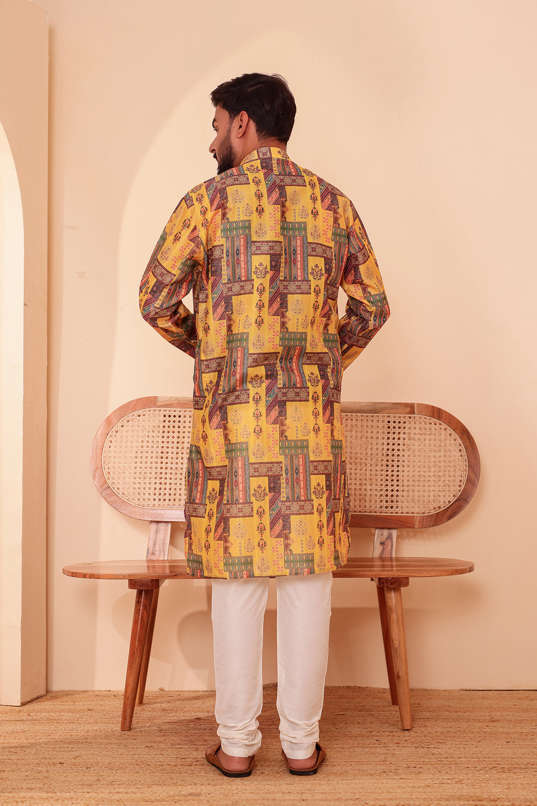 Yellow Multi Colour Silk Kurta Suit.