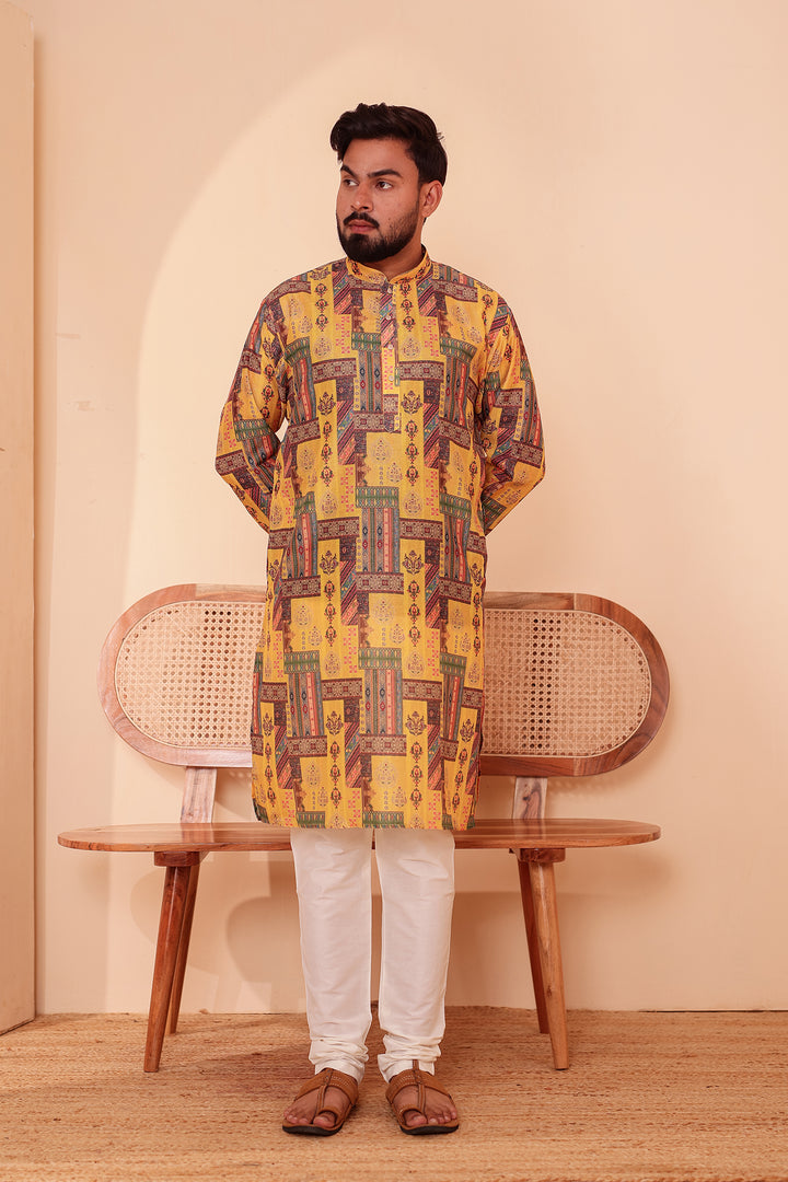 Yellow Multi Colour Silk Kurta Suit.