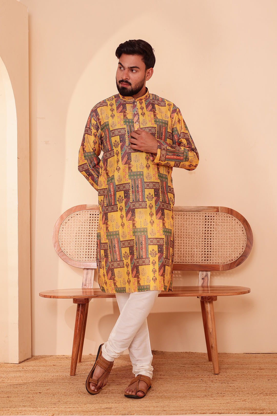 Yellow Multi Colour Silk Kurta Suit.