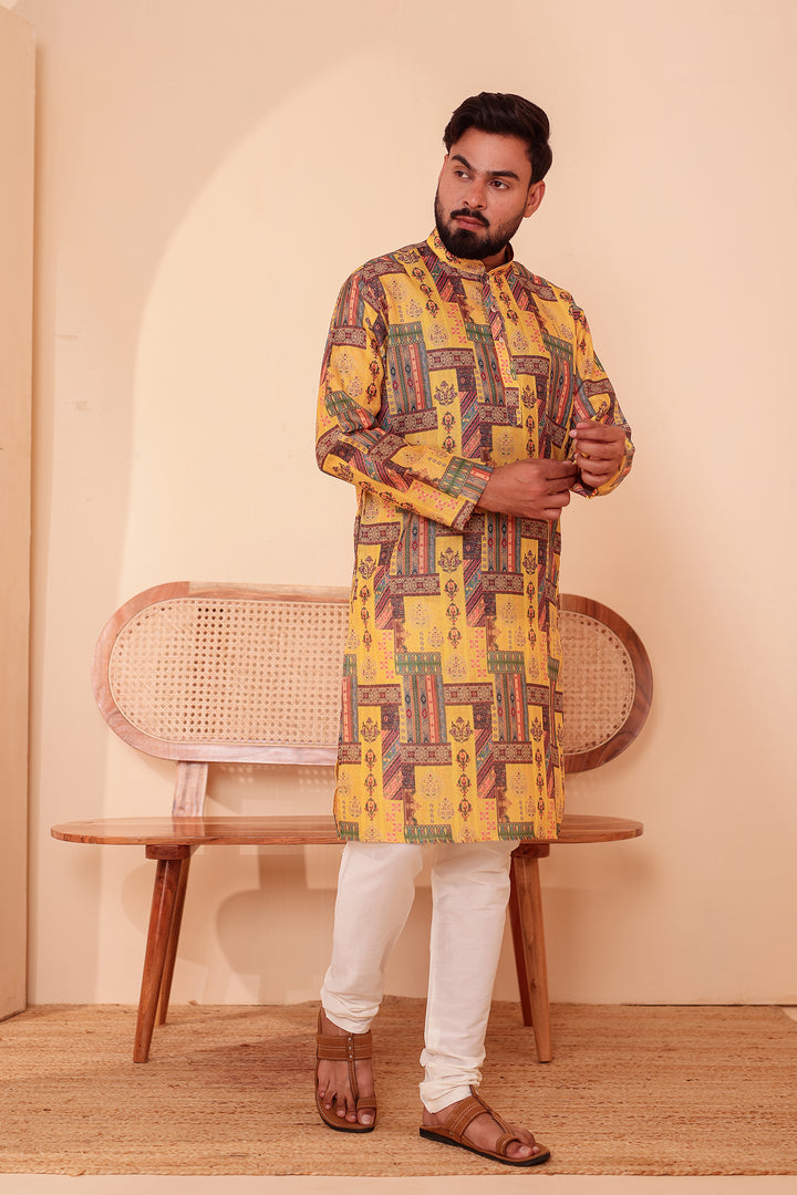 Yellow Multi Colour Silk Kurta Suit.