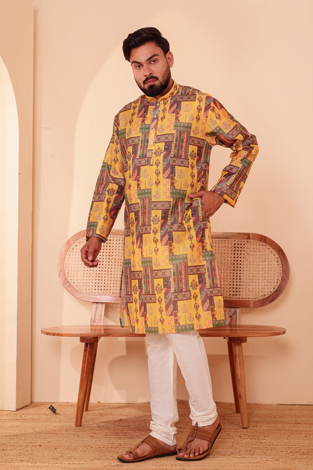 Yellow Multi Colour Silk Kurta Suit.