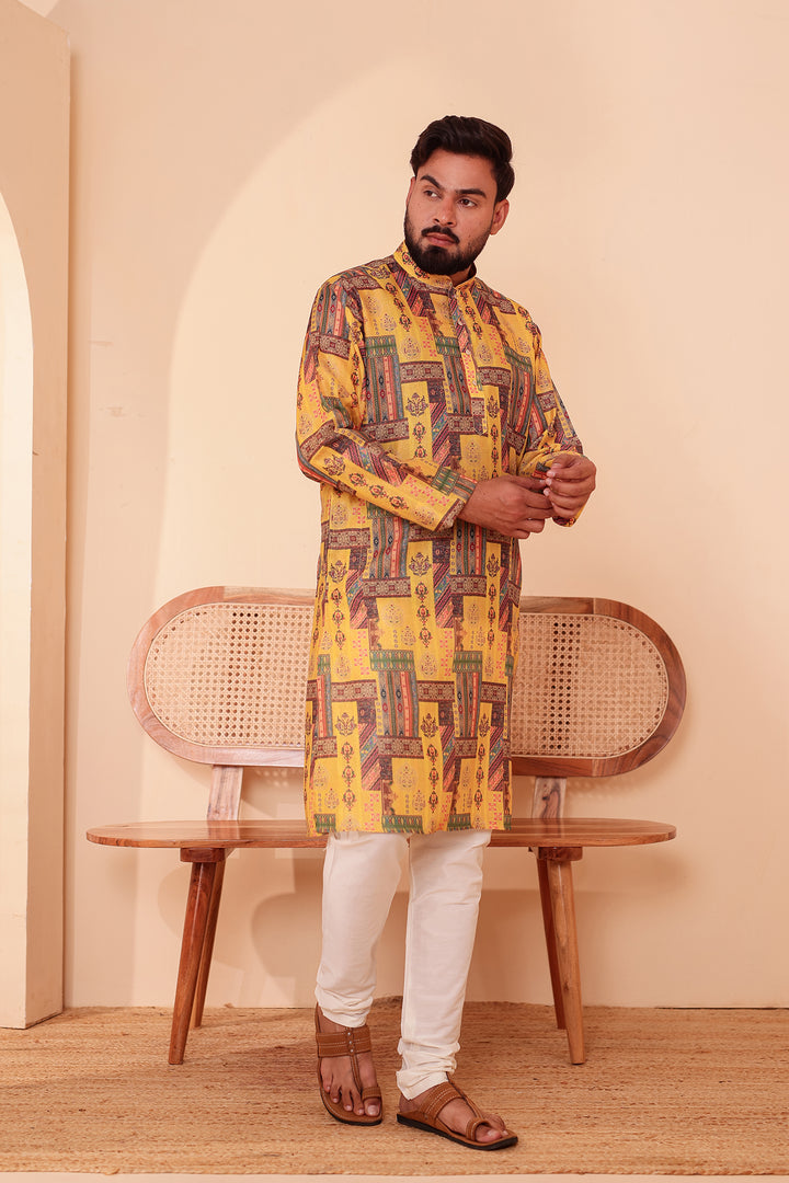Yellow Multi Colour Silk Kurta Suit.