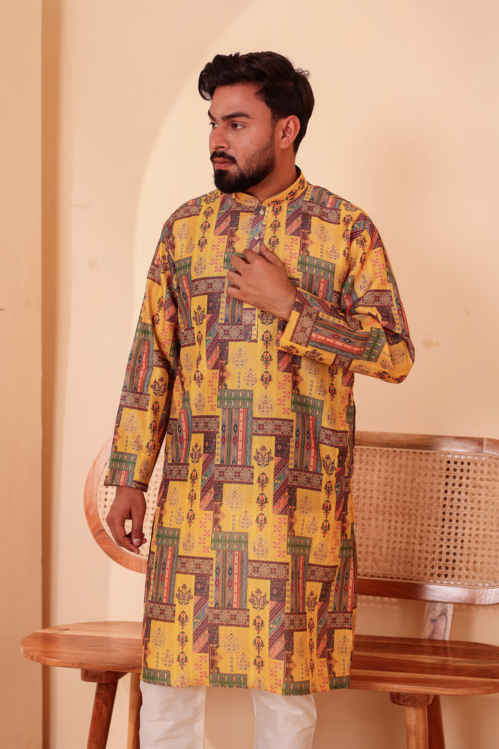 Yellow Multi Colour Silk Kurta Suit.