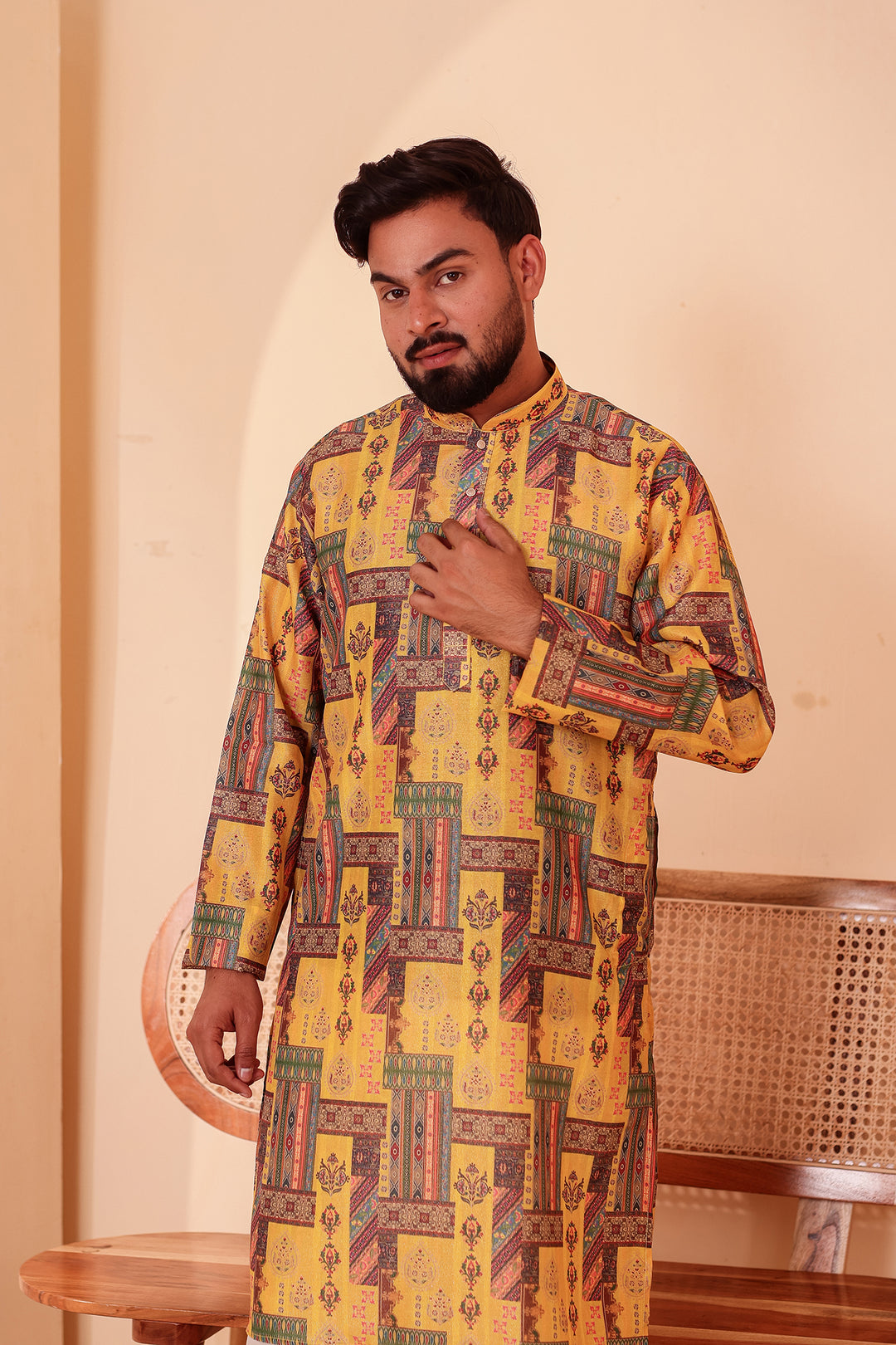 Yellow Multi Colour Silk Kurta Suit.