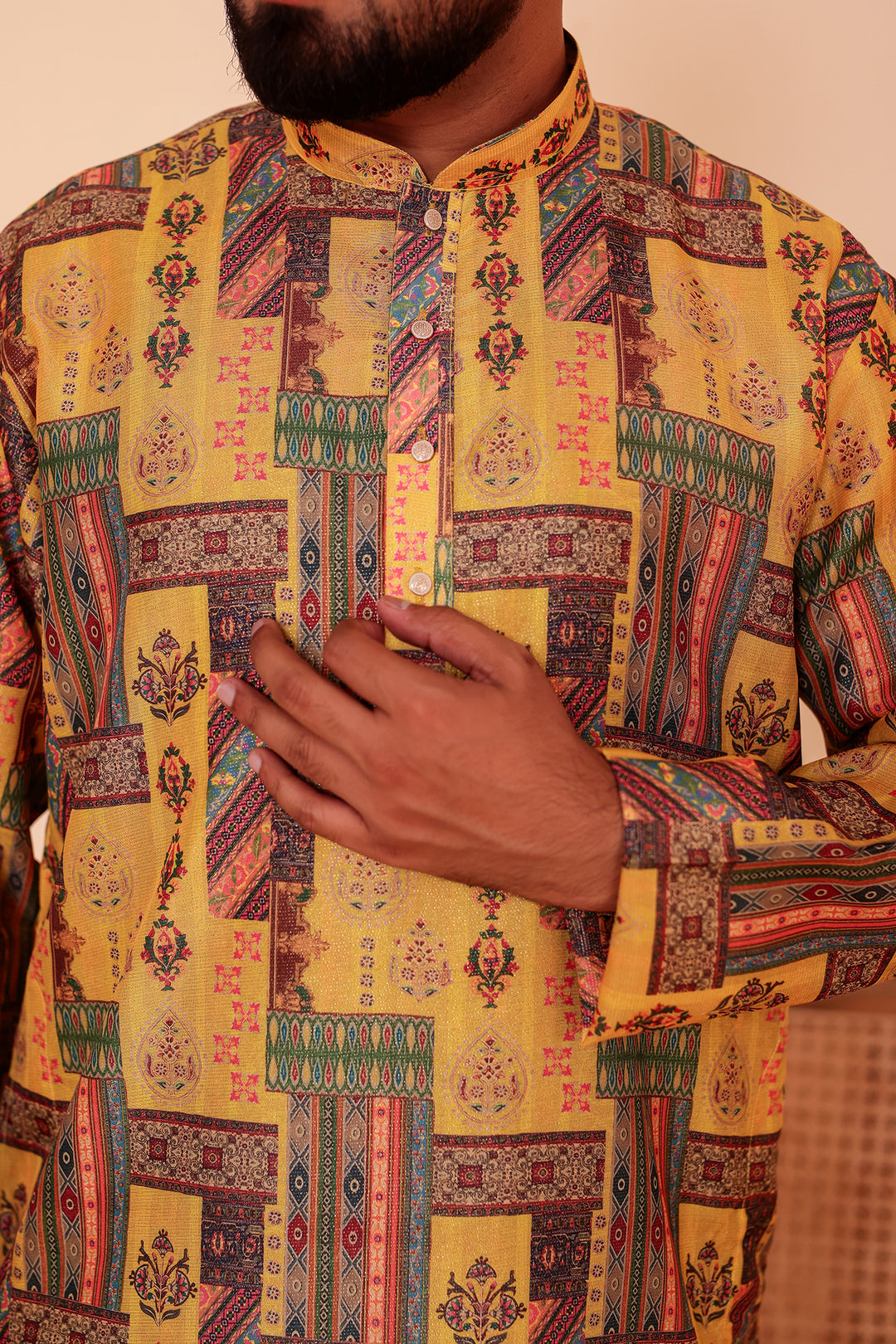 Yellow Multi Colour Silk Kurta Suit.