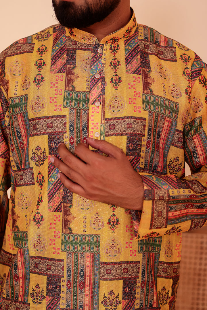 Yellow Multi Colour Silk Kurta Suit.