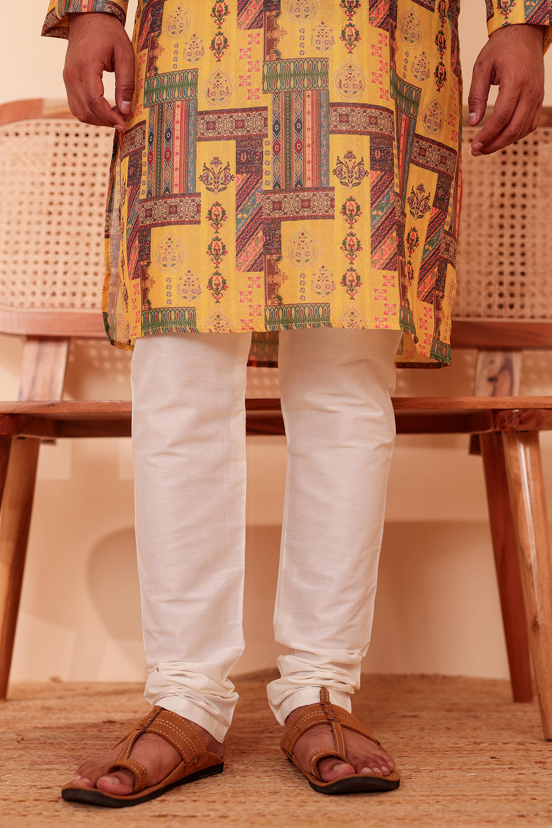 Yellow Multi Colour Silk Kurta Suit.