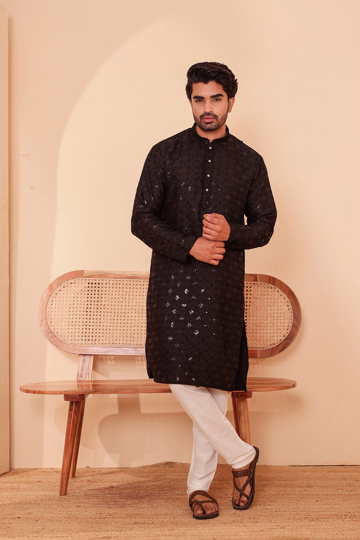 Black Lucknowi Chikankari Kurta Suit with Sequin Work.