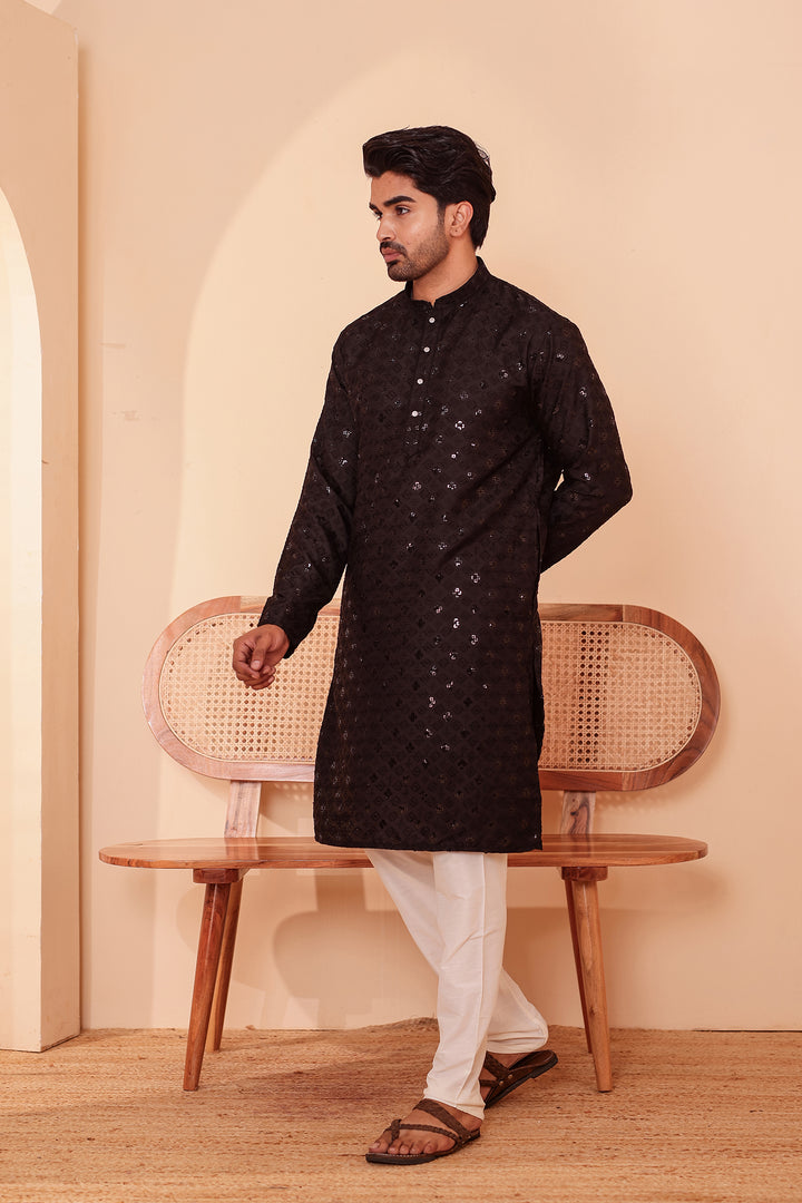 Black Lucknowi Chikankari Kurta Suit with Sequin Work.