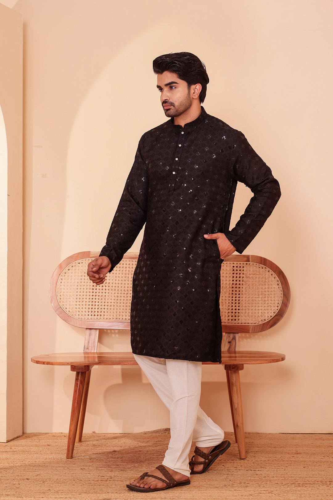 Black Lucknowi Chikankari Kurta Suit with Sequin Work.
