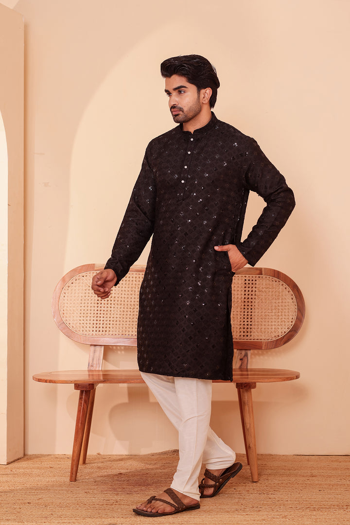 Black Lucknowi Chikankari Kurta Suit with Sequin Work.