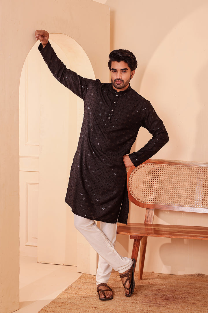 Black Lucknowi Chikankari Kurta Suit with Sequin Work.