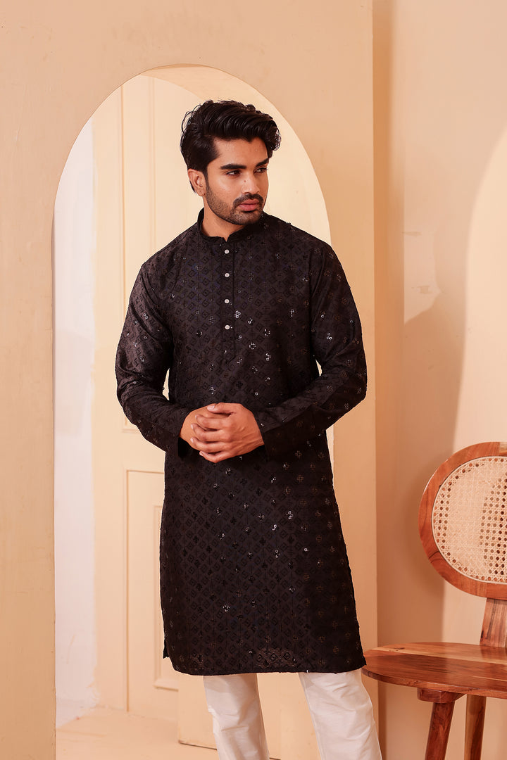 Black Lucknowi Chikankari Kurta Suit with Sequin Work.