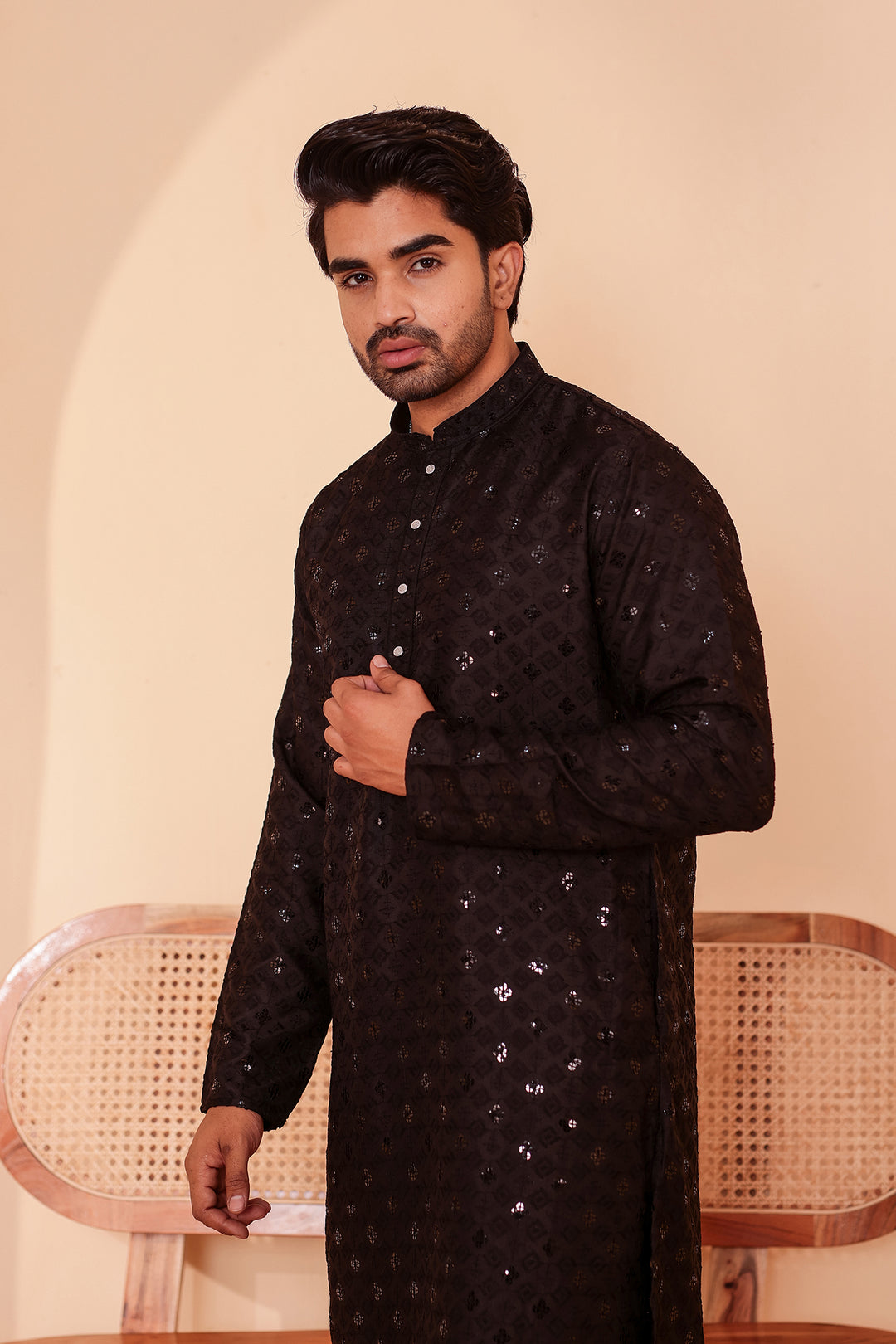Black Lucknowi Chikankari Kurta Suit with Sequin Work.