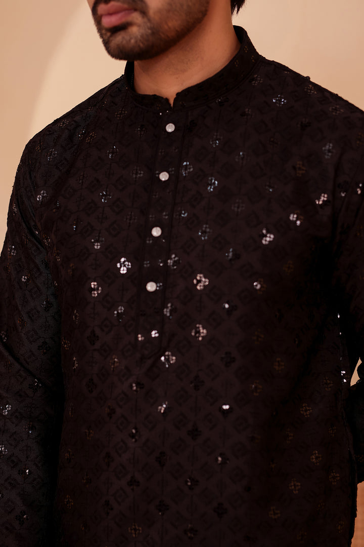 Black Lucknowi Chikankari Kurta Suit with Sequin Work.