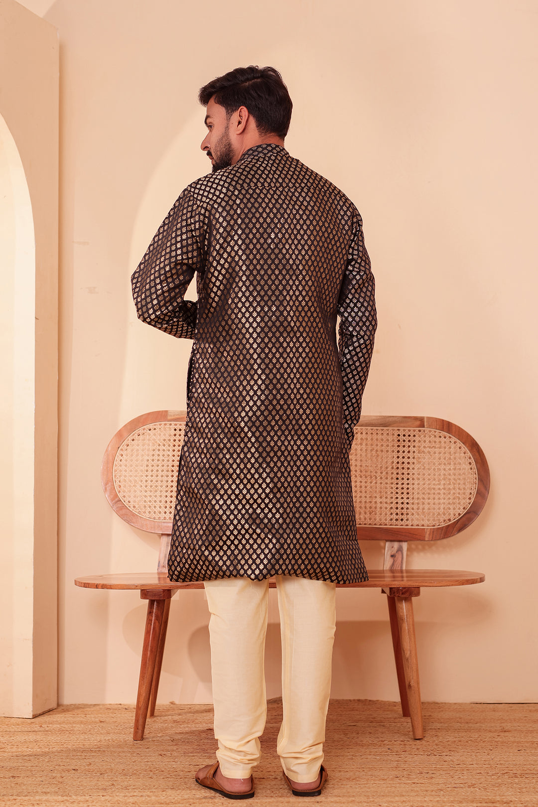 Black Brocade Silk Kurta Suit with Gold Zari Butti.