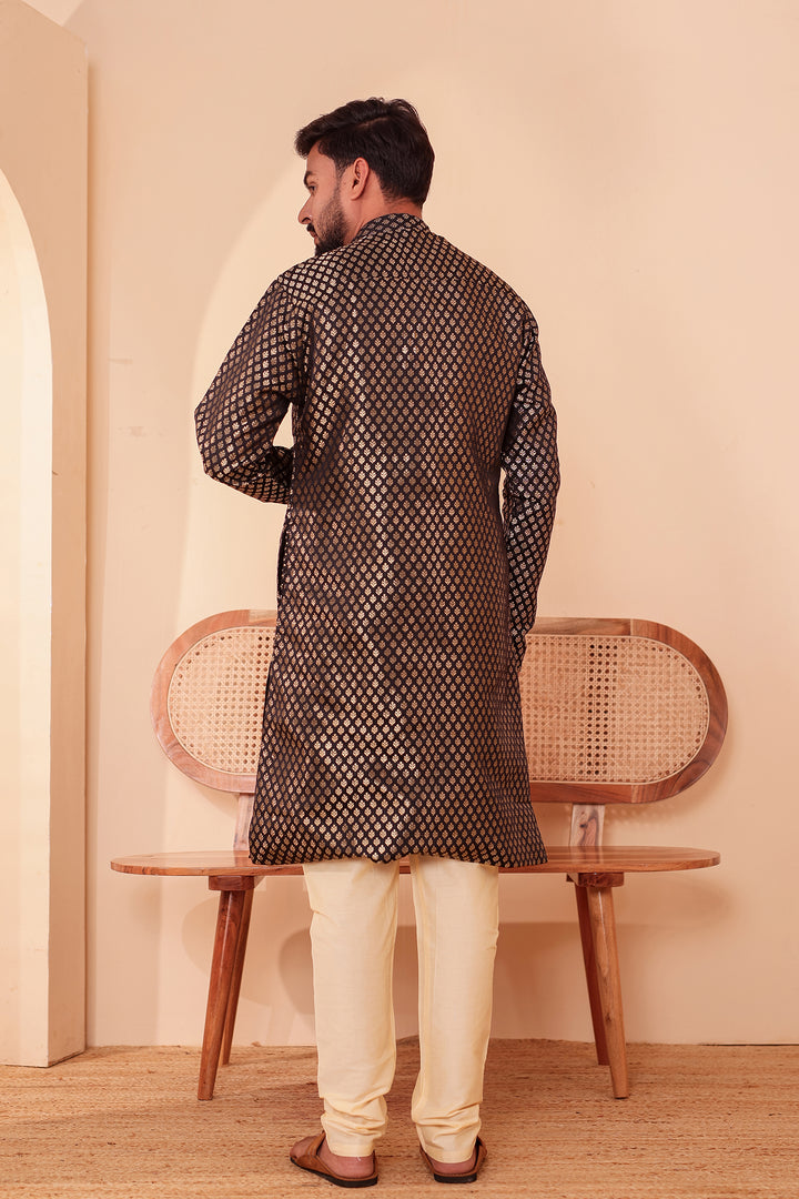 Black Brocade Silk Kurta Suit with Gold Zari Butti.
