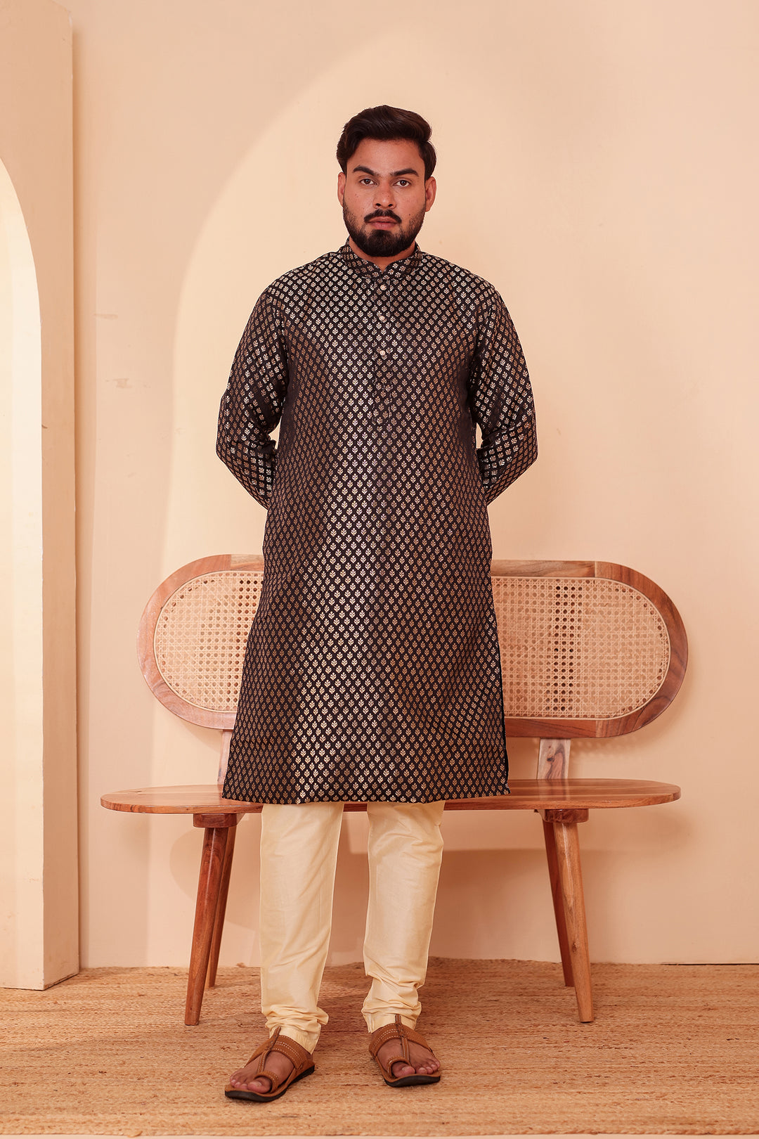 Black Brocade Silk Kurta Suit with Gold Zari Butti.