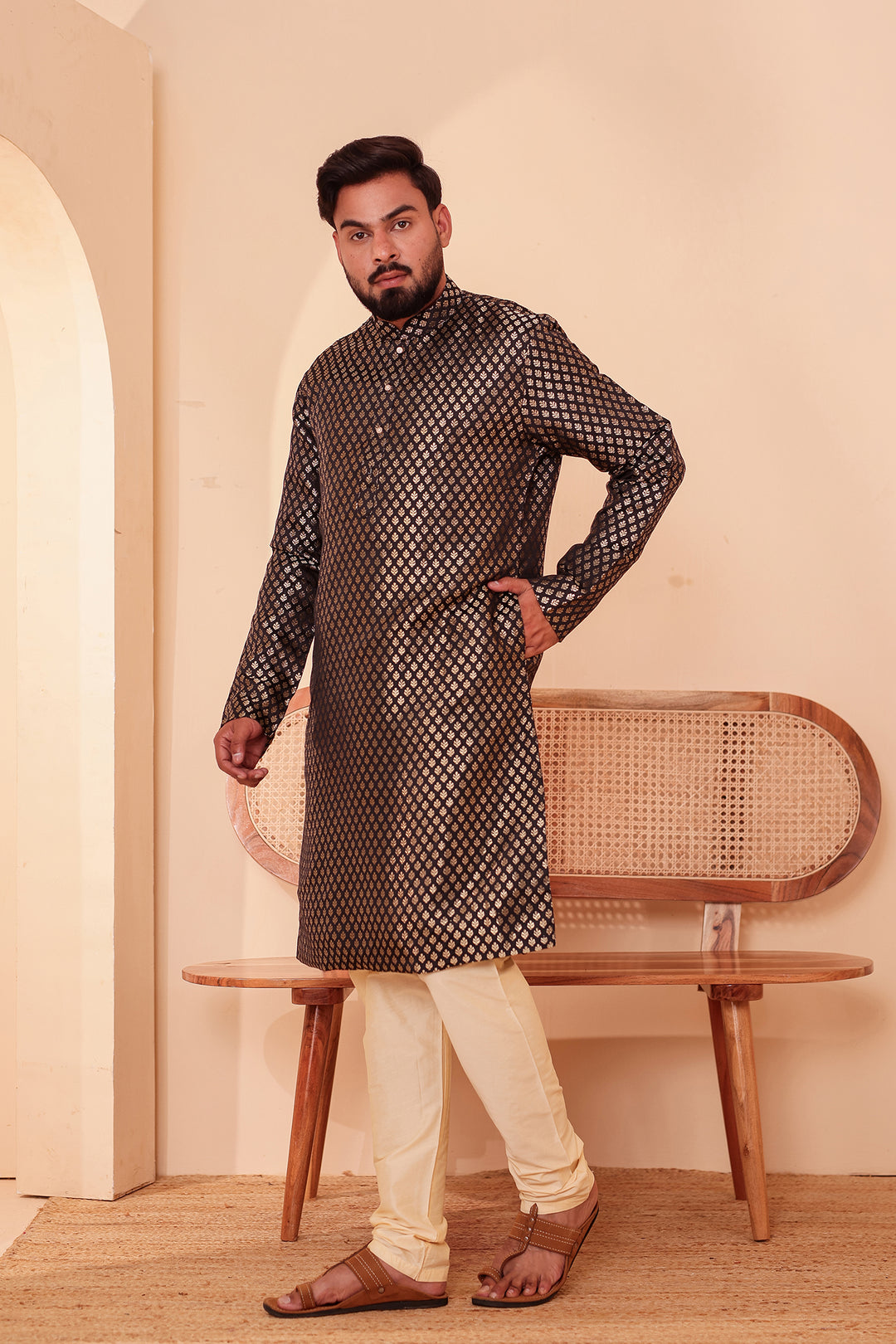 Black Brocade Silk Kurta Suit with Gold Zari Butti.