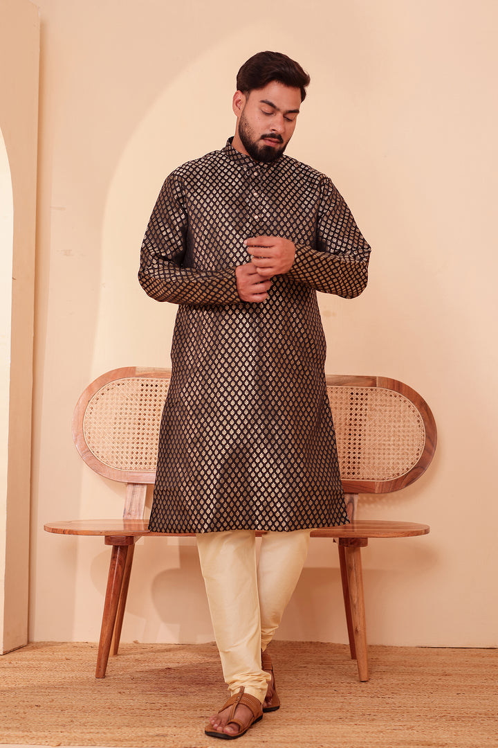 Black Brocade Silk Kurta Suit with Gold Zari Butti.