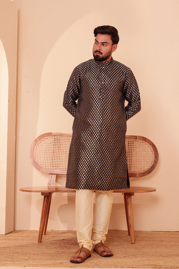 Black Brocade Silk Kurta Suit with Gold Zari Butti.