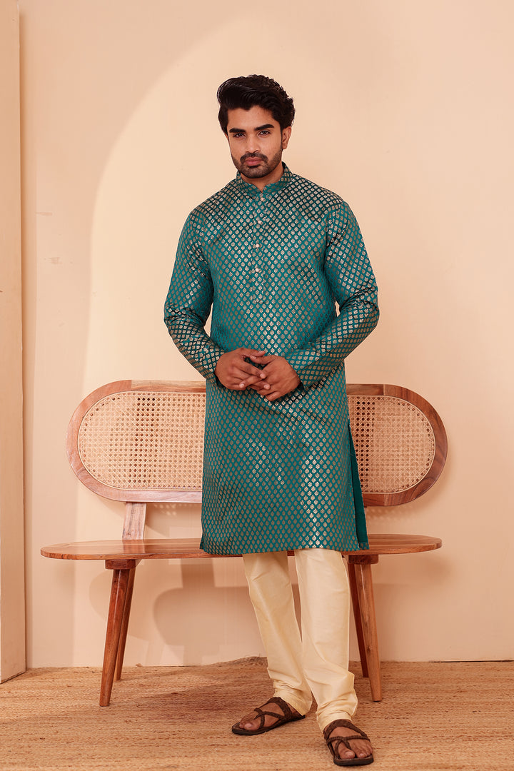 Rama Green Brocade Silk Kurta Suit.