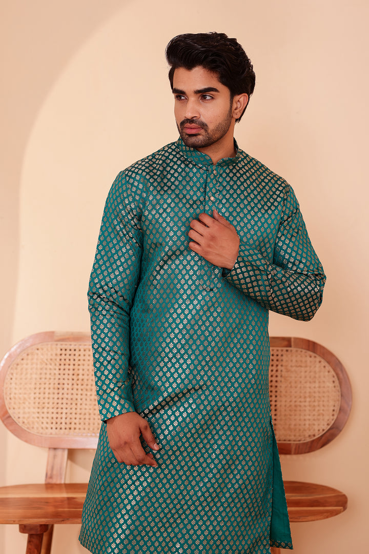 Rama Green Brocade Silk Kurta Suit.