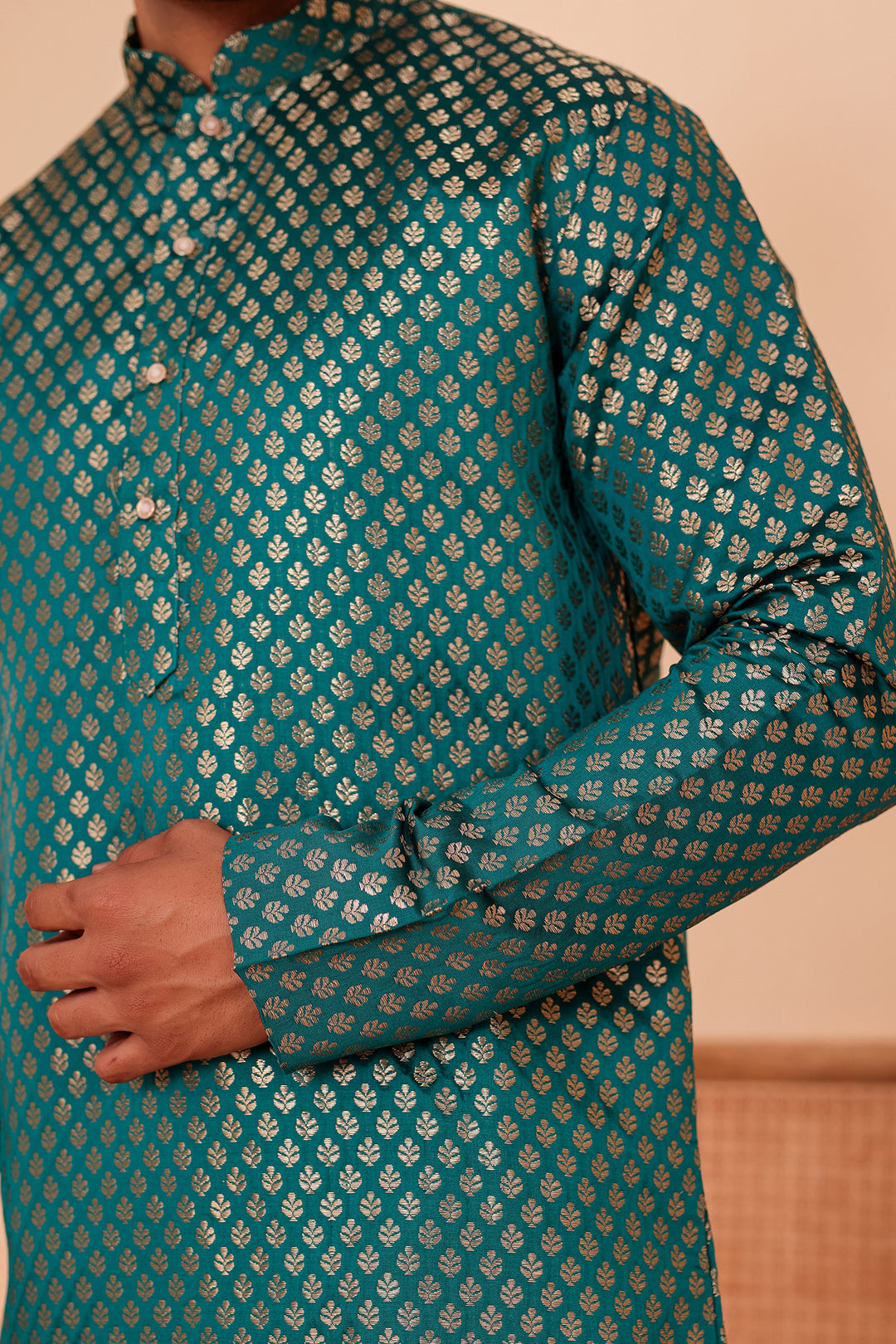 Rama Green Brocade Silk Kurta Suit.