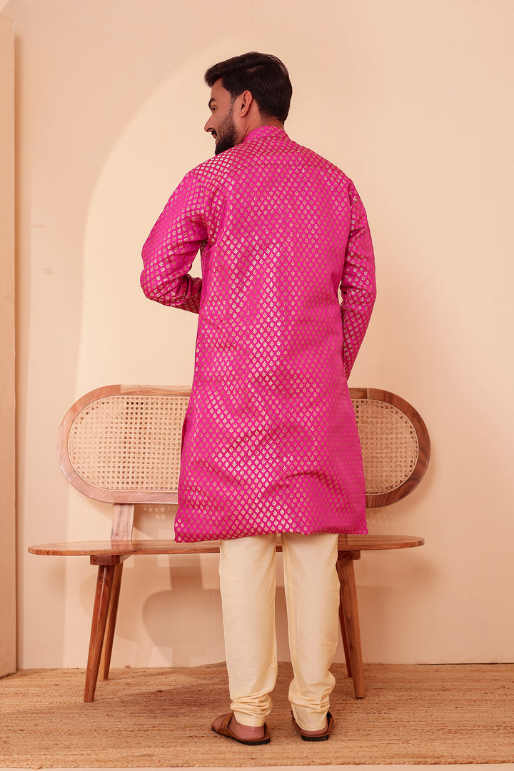 Pink Brocade Silk Kurta Suit.