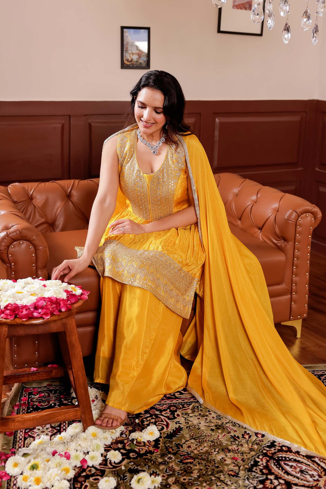 Yellow Soft Tissue Butti Palazzo Suit.