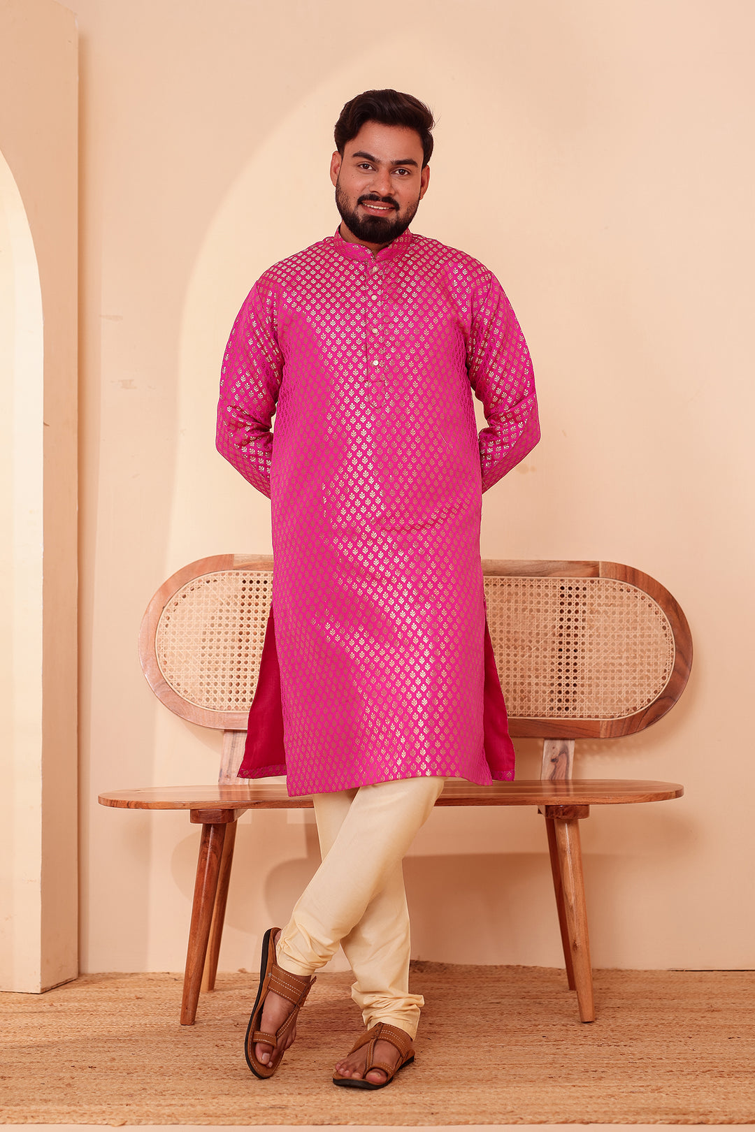 Pink Brocade Silk Kurta Suit.