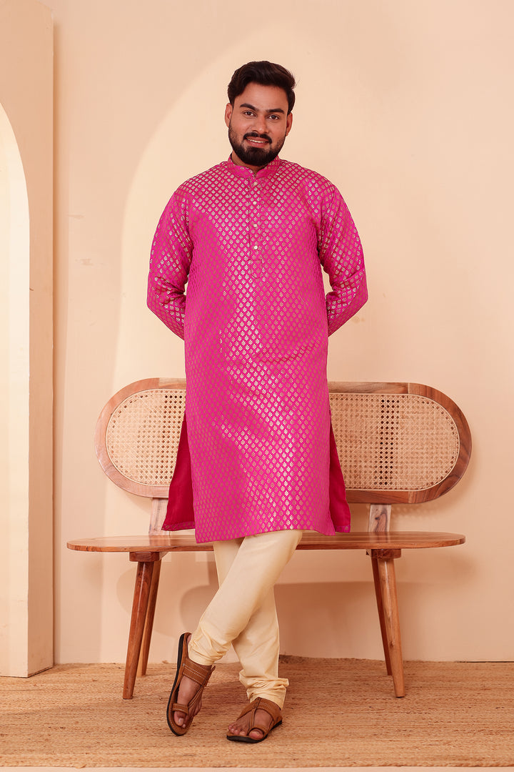 Pink Brocade Silk Kurta Suit.