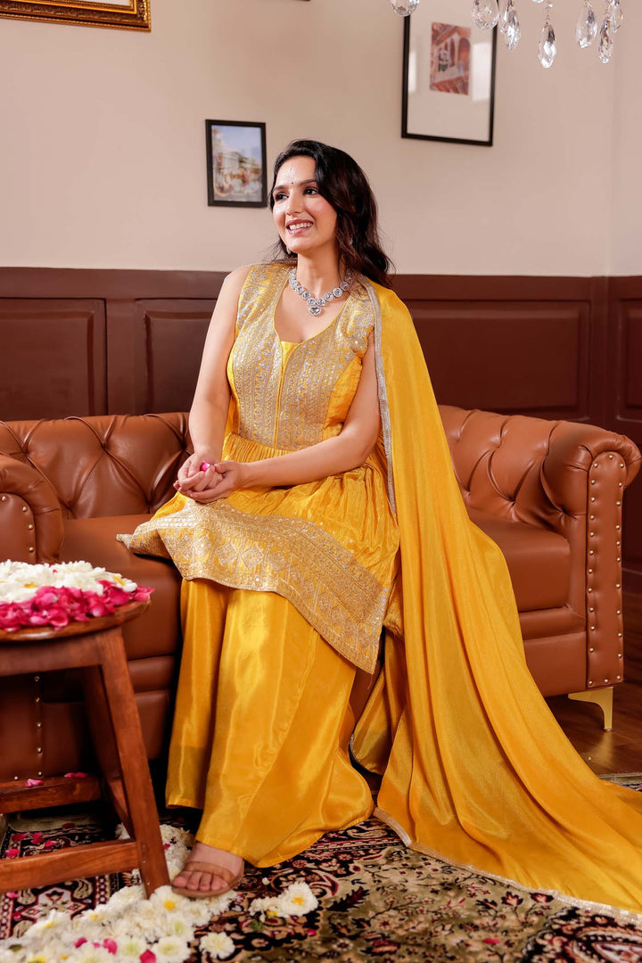 Yellow Soft Tissue Butti Palazzo Suit.