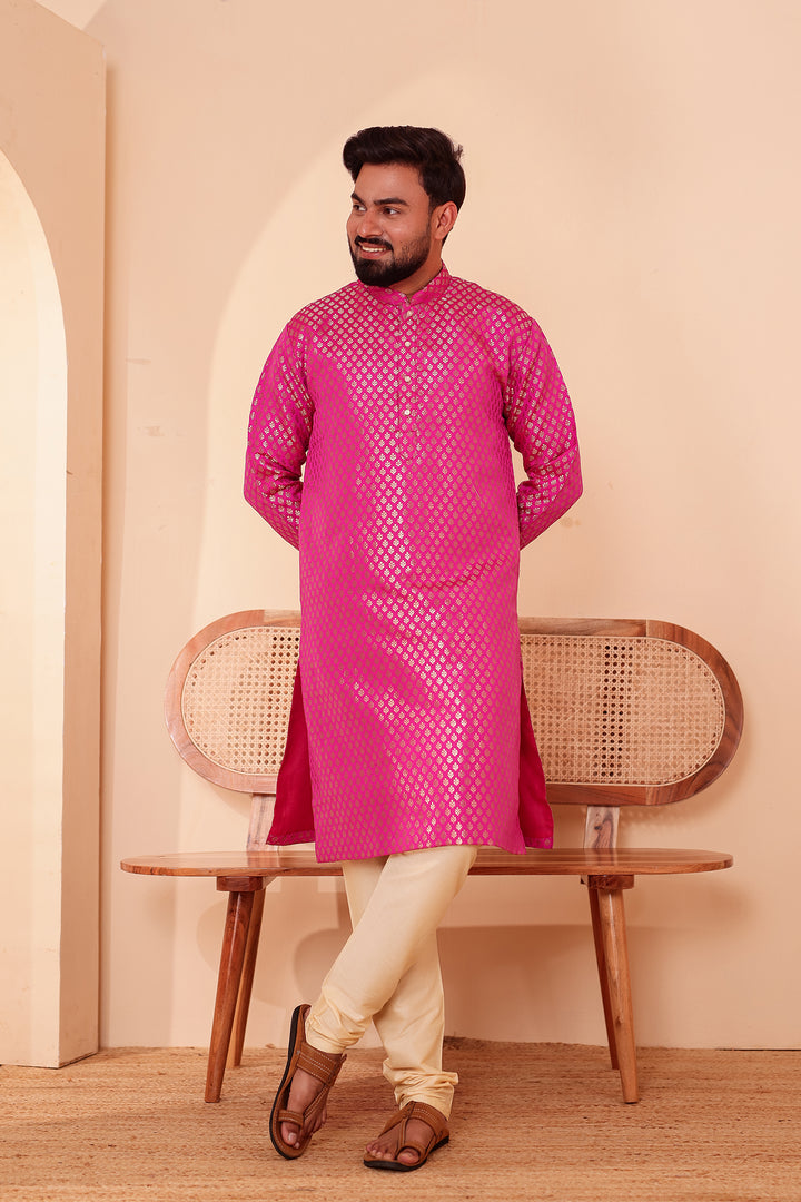 Pink Brocade Silk Kurta Suit.