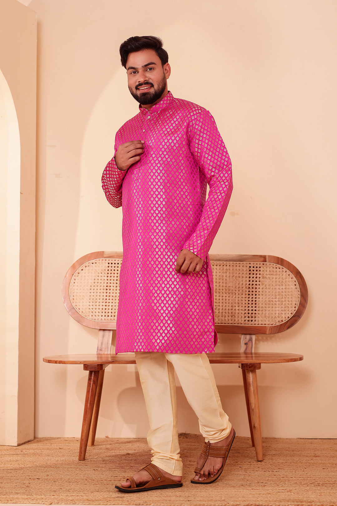 Pink Brocade Silk Kurta Suit.