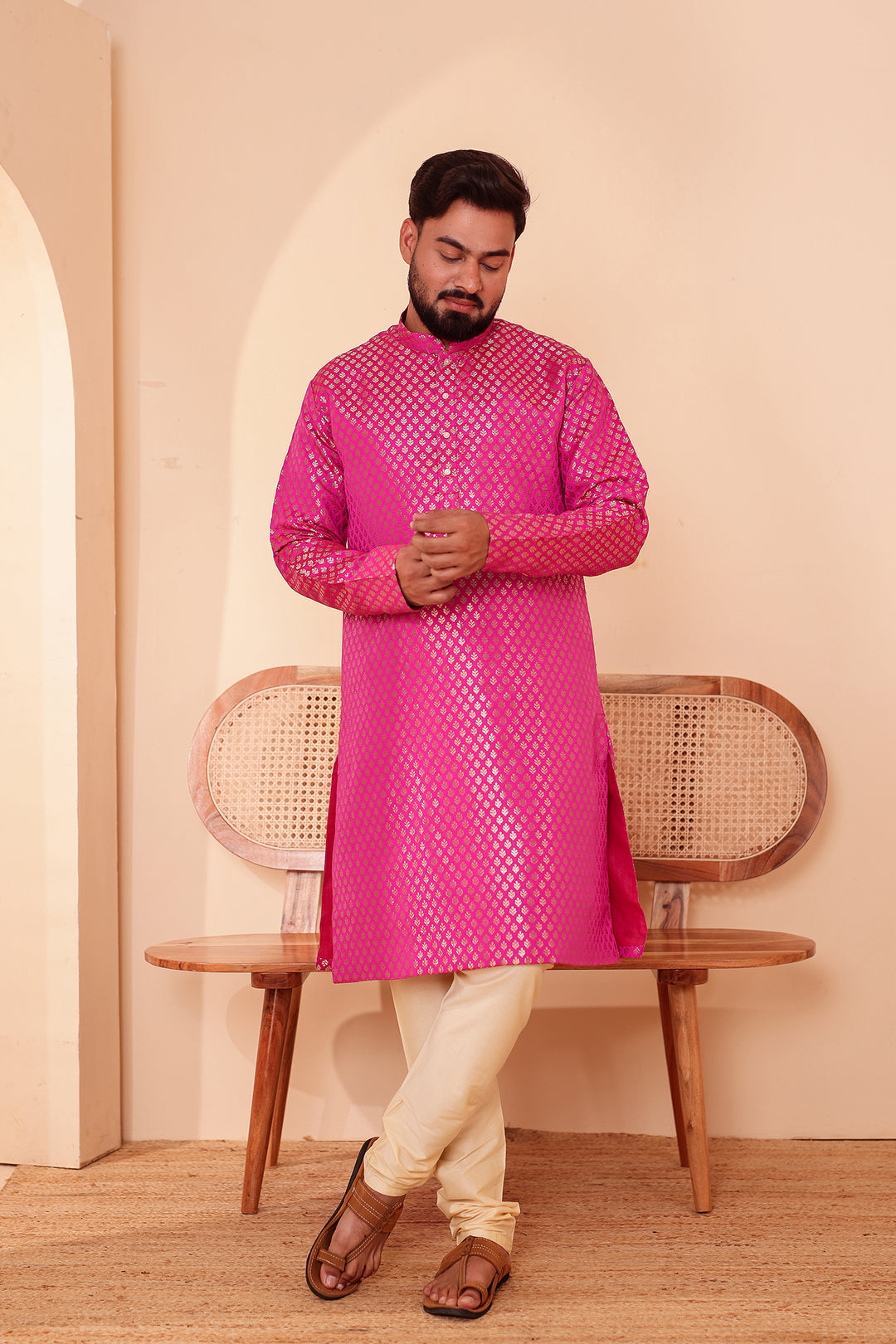 Pink Brocade Silk Kurta Suit.
