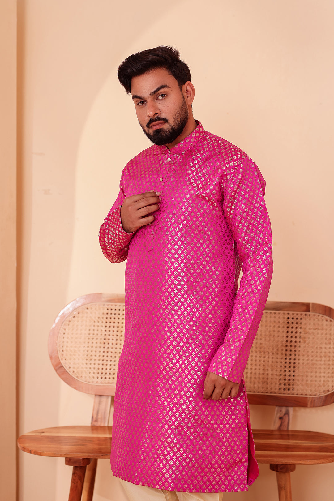 Pink Brocade Silk Kurta Suit.