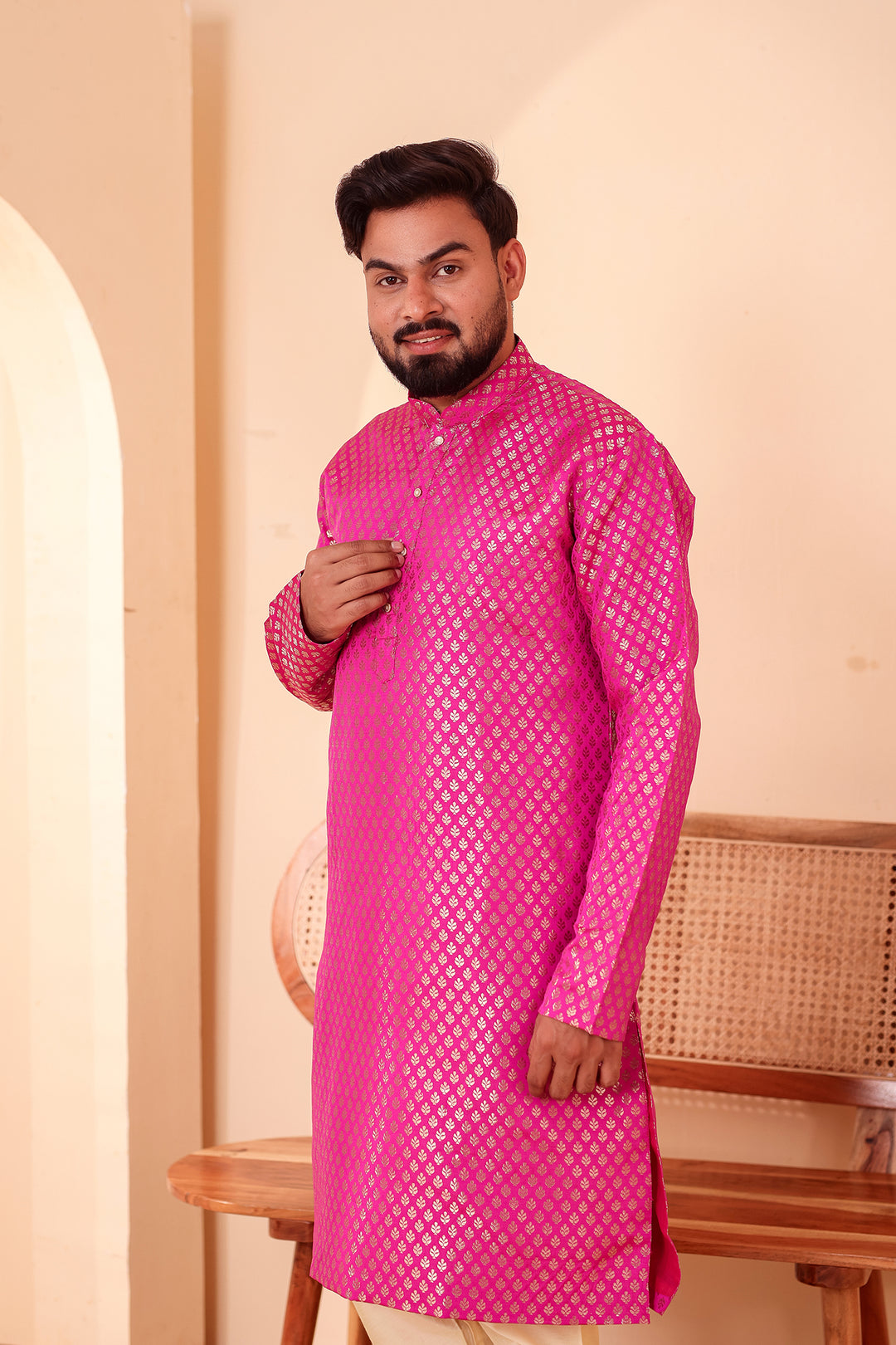 Pink Brocade Silk Kurta Suit.