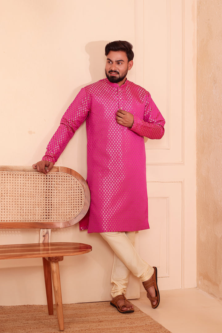 Pink Brocade Silk Kurta Suit.