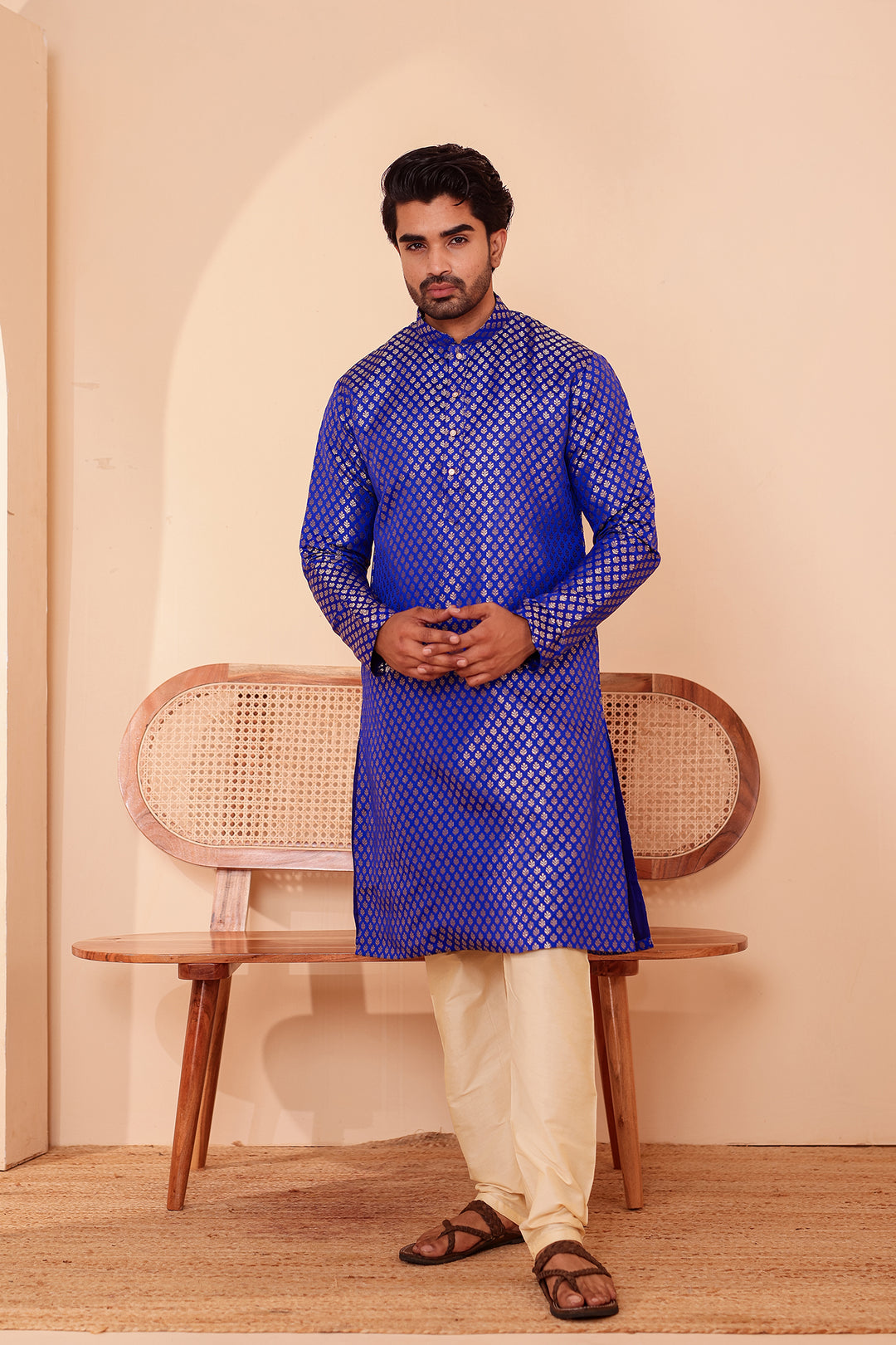 Royal Blue Brocade Silk Kurta Suit.