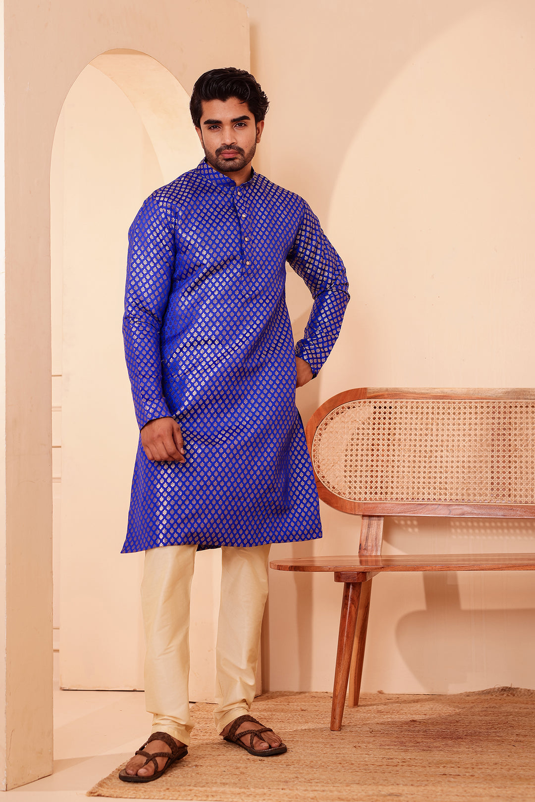 Royal Blue Brocade Silk Kurta Suit.