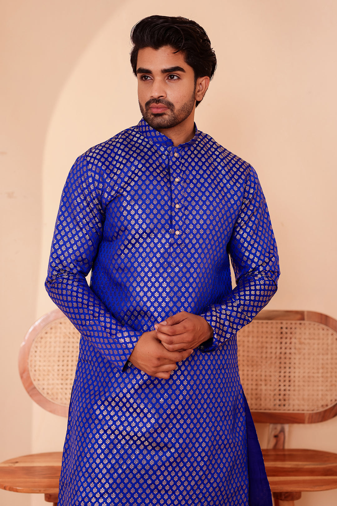 Royal Blue Brocade Silk Kurta Suit.