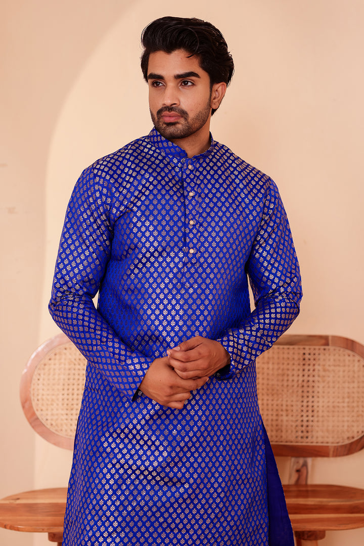 Royal Blue Brocade Silk Kurta Suit.