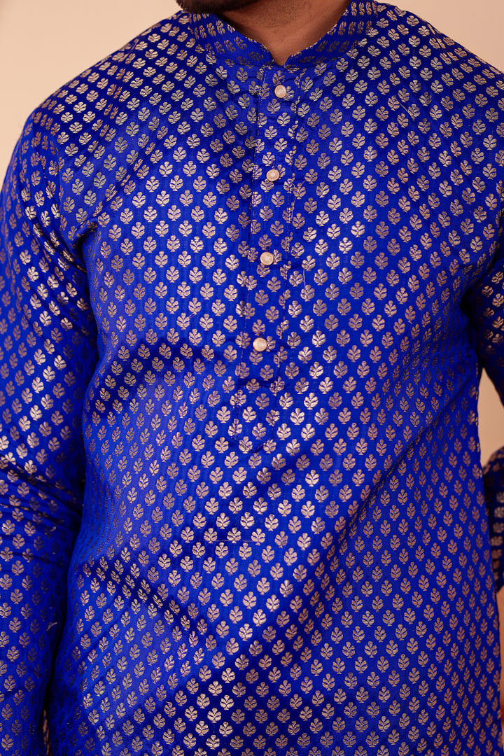 Royal Blue Brocade Silk Kurta Suit.